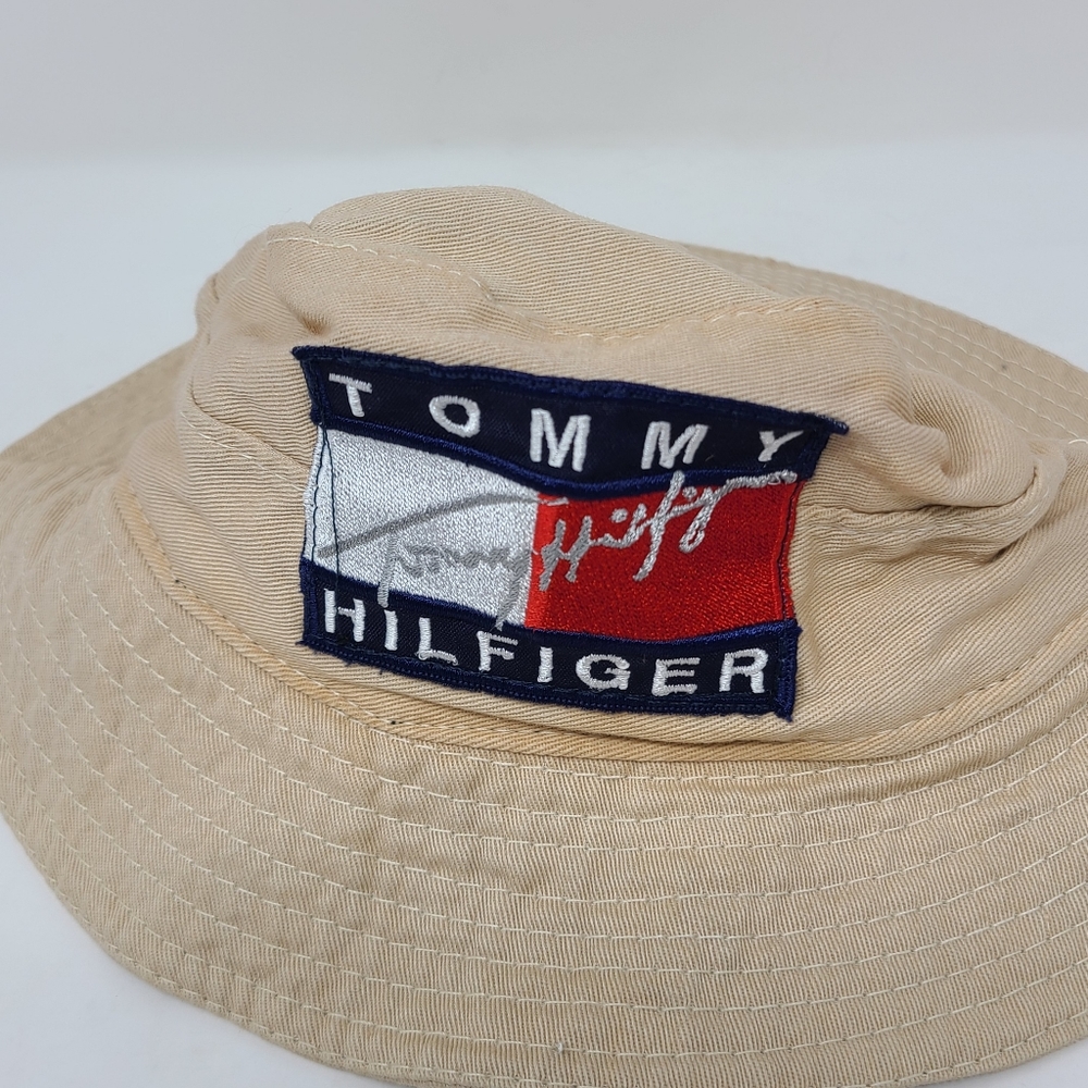 Vintage 90s Tommy Hilfiger Youth Kids Bucket Hat Tan Flag Logo Spellout - Picture 2 of 4